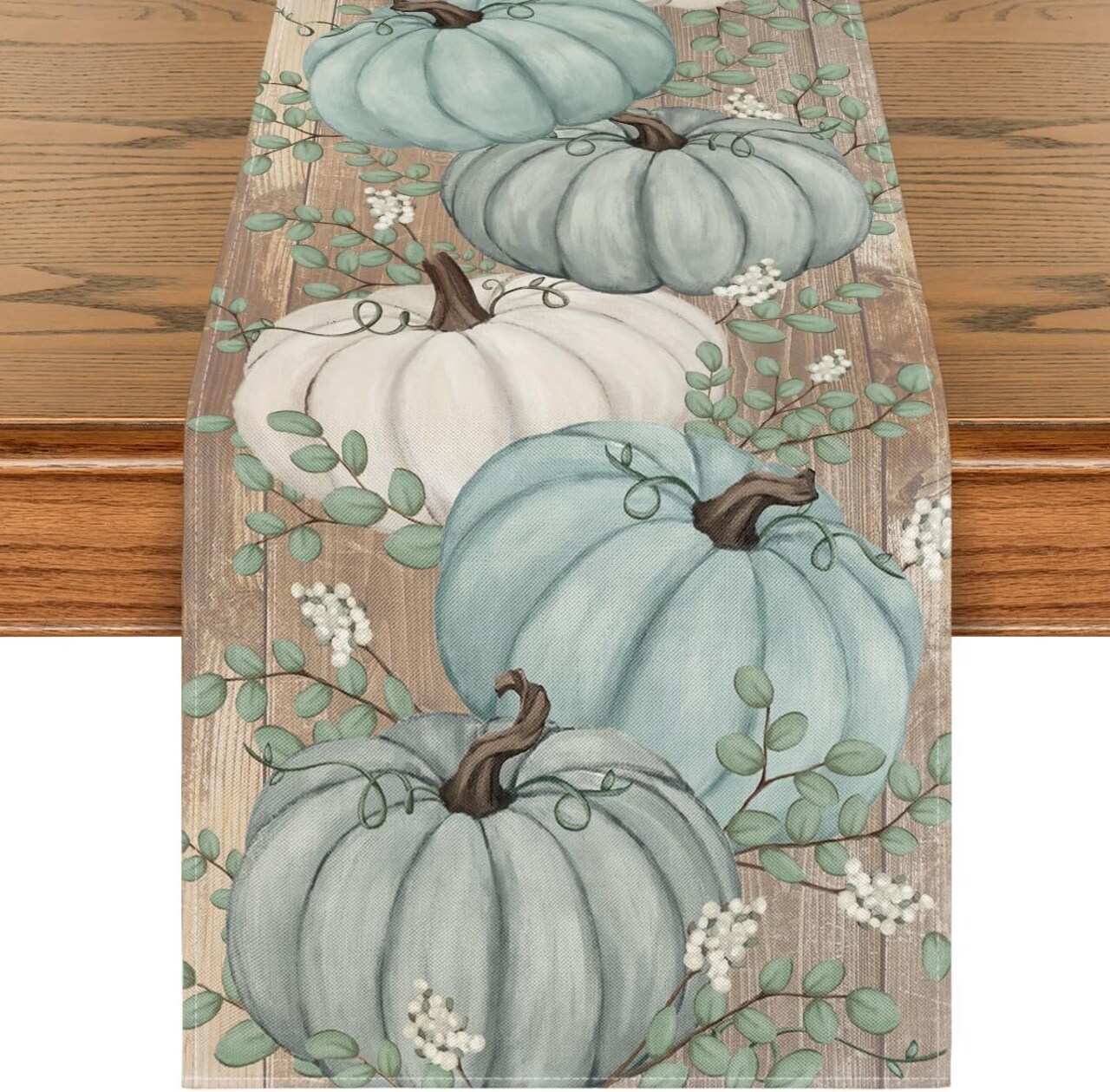 Pumpkins Eucalyptus Leaves Fall Table Runner - 13x72 Inch (Wood-Blue)